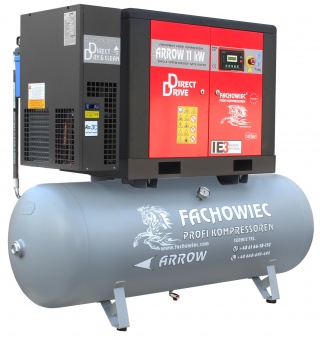 Sprężarka śrubowa Profi Kompressoren ARROW 11kW/500L zestaw na zbiorniku poziomym z osuszaczem chłodniczym 3 stopnie, filtrami 3um/1um cząstki stałe 0.01um pary oleju.